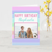 レインボーカラフルストライプハッピーバースデー カード (黄色い花)