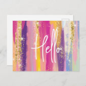 レインボーカラフルストライプ金ゴールドフェイクグリッター シーズンポストカード (正面/裏面)