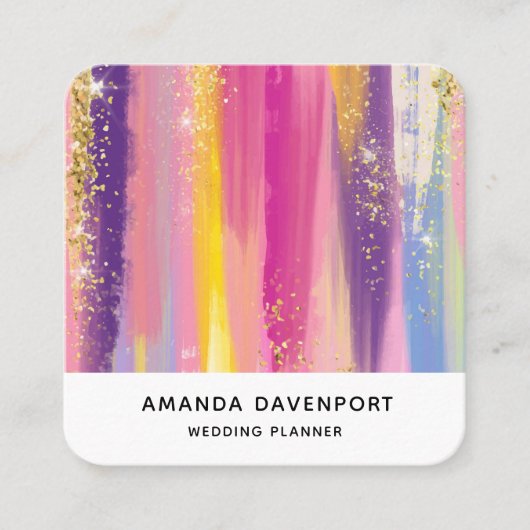 レインボーカラフルストライプ金ゴールドフェイクグリッター スクエア名刺 (正面)