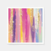 レインボーカラフルストライプ金ゴールドフェイクグリッター スタンダードカクテルナプキン (正面)