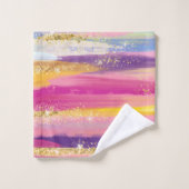 レインボーカラフルストライプ金ゴールドフェイクグリッター バスタオルセット (ウォッシュタオル)