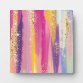 レインボーカラフルストライプ金ゴールドフェイクグリッター フォトプラーク (正面)