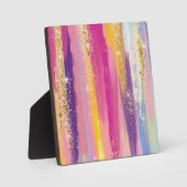 レインボーカラフルストライプ金ゴールドフェイクグリッター フォトプラーク (正面)