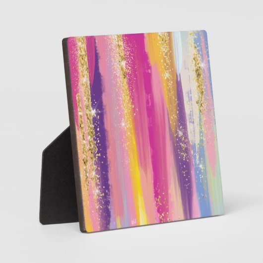 レインボーカラフルストライプ金ゴールドフェイクグリッター フォトプラーク (正面)