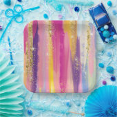 レインボーカラフルストライプ金ゴールドフェイクグリッター ペーパープレート (パーティー)