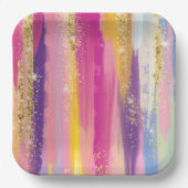 レインボーカラフルストライプ金ゴールドフェイクグリッター ペーパープレート (正面)
