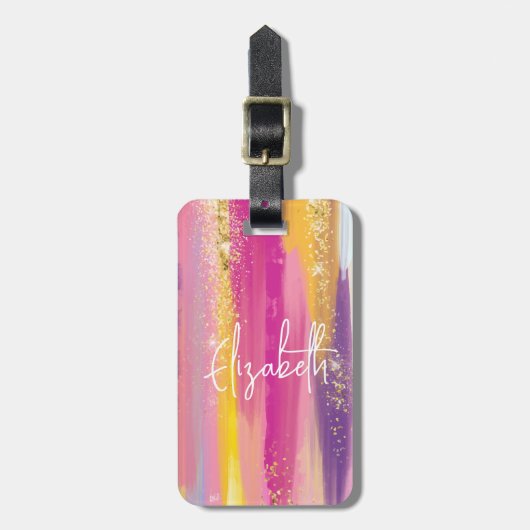 レインボーカラフルストライプ金ゴールドフェイクグリッター ラゲッジタグ (正面縦)