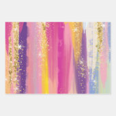 レインボーカラフルストライプ金ゴールドフェイクグリッター ラッピングペーパーシート (正面3)