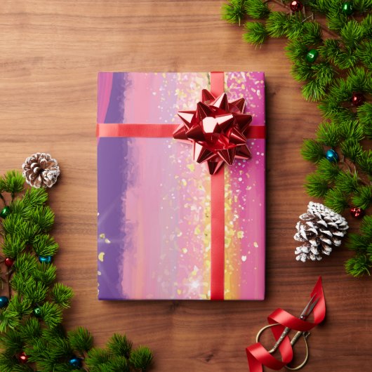 レインボーカラフルストライプ金ゴールドフェイクグリッター ラッピングペーパー (クリスマスギフト)