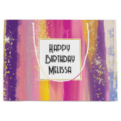 レインボーカラフルストライプ金ゴールドフェイクグリッター ラージペーパーバッグ (正面)