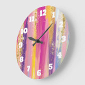 レインボーカラフルストライプ金ゴールドフェイクグリッター ラージ壁時計 (傾斜)