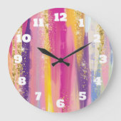 レインボーカラフルストライプ金ゴールドフェイクグリッター ラージ壁時計 (正面)