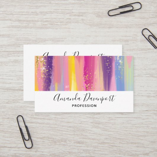 レインボーカラフルストライプ金ゴールドフェイクグリッター 名刺 (正面/裏面インサイチュ)