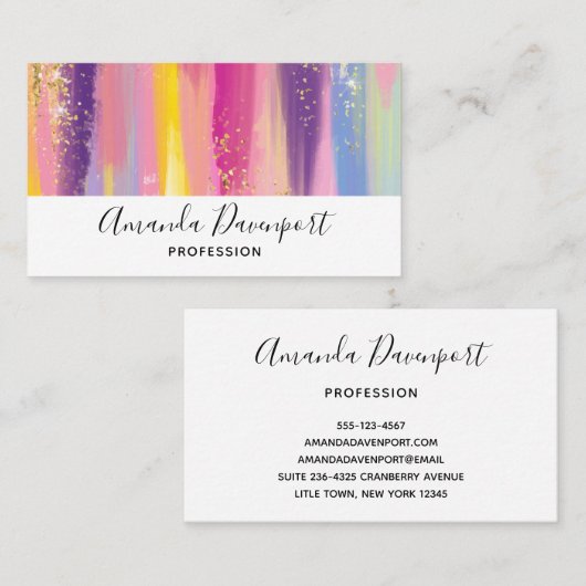 レインボーカラフルストライプ金ゴールドフェイクグリッター 名刺 (正面/裏面)