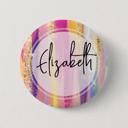 レインボーカラフルストライプ金ゴールドフェイクグリッター 缶バッジ (正面)