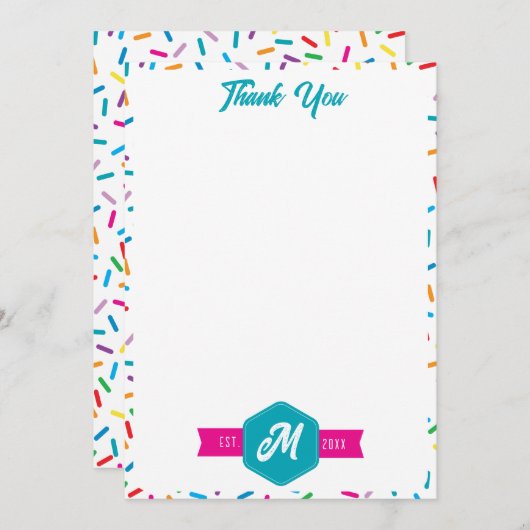 レインボーカラフルスプリンクルレトロモノグラム サンキューカード (正面/裏面)