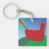 レインボーカラフルテールを丘に着けた赤いオンドリ キーホルダー (正面)