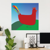 レインボーカラフルテールを丘に着けた赤いオンドリ ポスター (ホームオフィス)