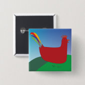 レインボーカラフルテールを丘に着けた赤いオンドリ 缶バッジ (正面&裏面)