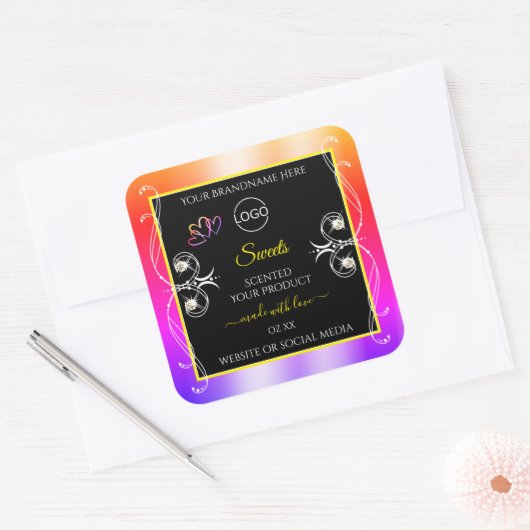 レインボーカラフルデコールジュエリーのロゴラベルとブラック スクエアシール (封筒)