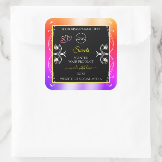 レインボーカラフルデコールジュエリーのロゴラベルとブラック スクエアシール (バッグ)