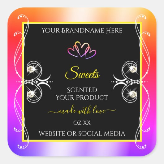 レインボーカラフルデコールジュエリー黒製品ラベル スクエアシール (正面)