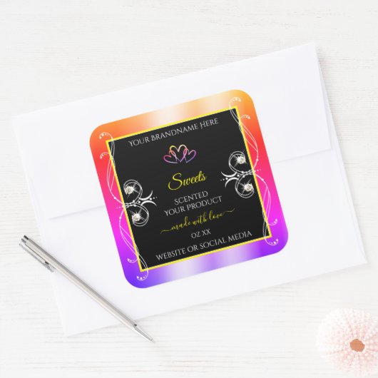 レインボーカラフルデコールジュエリー黒製品ラベル スクエアシール (封筒)