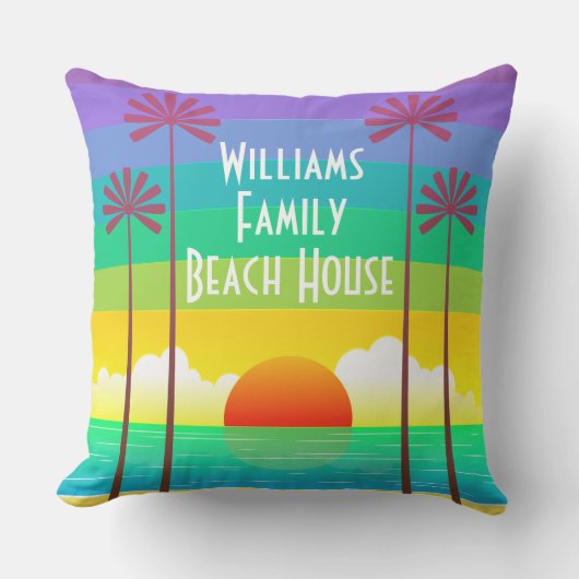 レインボーカラフルトロピカルサンセットビーチハウスデコ アウトドアクッション (正面)