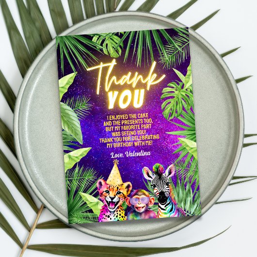 レインボーカラフルネオングローサファリパーティー動物 サンキューカード