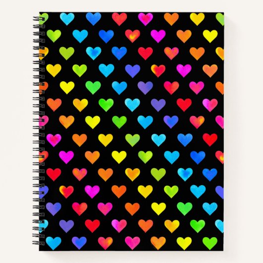 レインボーカラフルハートストライプパターン ノートブック (正面)