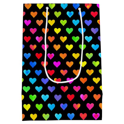 レインボーカラフルハートストライプパターン ミディアムペーパーバッグ (裏面)