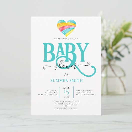 レインボーカラフルハート男女兼用ベビーシャワー 招待状 (スタンド正面)