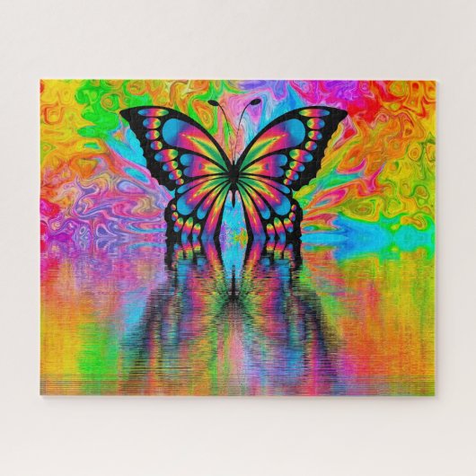 レインボーカラフルバタフライ反射 ジグソーパズル (横)