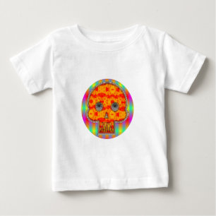 レインボーカラフルバックグラウンド上のロボットスカル ベビーTシャツ