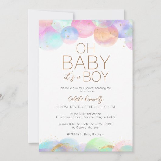 レインボーカラフルバブル白Oh男の赤ちゃんシャワー 招待状 (正面)
