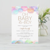 レインボーカラフルバブル白Oh男の赤ちゃんシャワー 招待状 (スタンド正面)