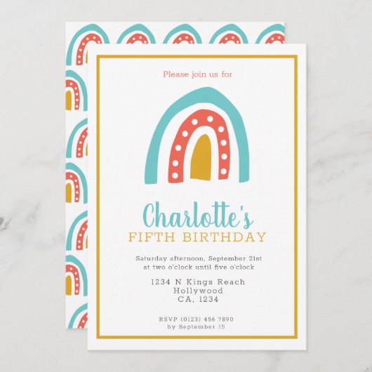 レインボーカラフルバースデーパーソナライズされたパーティー 招待状 (正面/裏面)