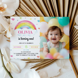レインボーカラフルファースト誕生日フォト招待状 サンキューカード