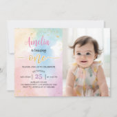 レインボーカラフルファースト誕生日フォト招待状 サンキューカード (正面)