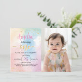 レインボーカラフルファースト誕生日フォト招待状 サンキューカード (スタンド正面)