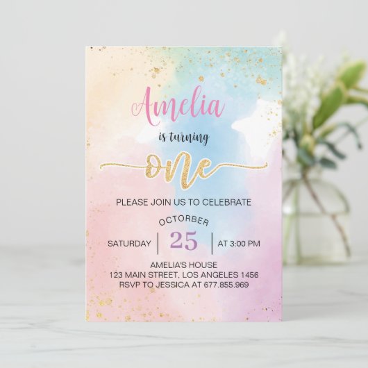 レインボーカラフルファースト誕生日招待状 招待状 (スタンド正面)