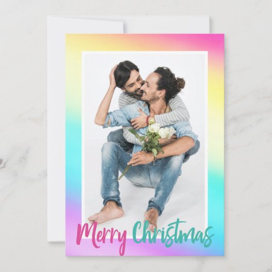 レインボーカラフルフォトゲイプライドカップルのクリスマス シーズンカード (正面)
