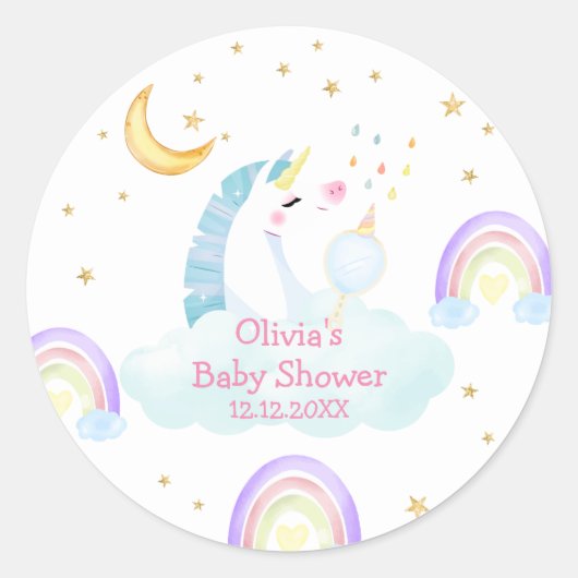 レインボーカラフルムーンスターユニコーン赤ちゃんシャワー ラウンドシール (正面)