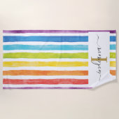 レインボーカラフルモノグラム名水彩ストライプ色 ビーチタオル (正面)