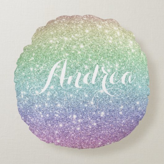 レインボーカラフルユニコーングリッターパタカスタムーン ラウンドクッション (正面)