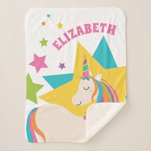 レインボーカラフルユニコーンスターズガーリー名前をカスタムする シェルパブランケット (正面)
