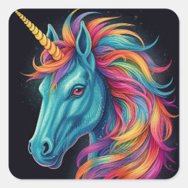 レインボーカラフルユニコーンファンタジーアート スクエアシール