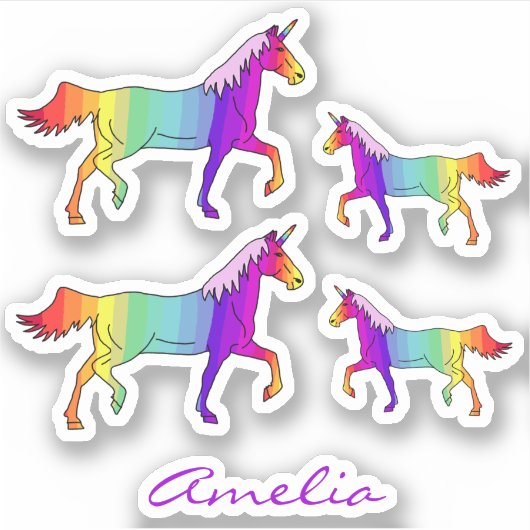レインボーカラフルユニコーン名子供ステッカー シール (正面)