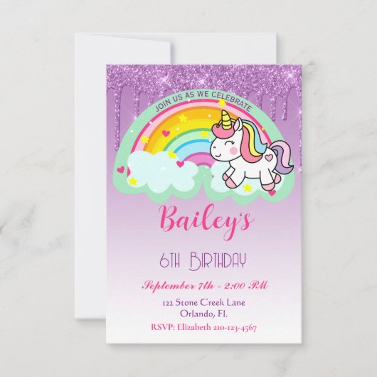 レインボーカラフルユニコーン誕生日 招待状 (正面)