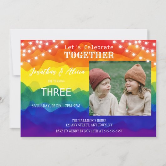 レインボーカラフルライツフォトジョイント誕生日 招待状 (正面)